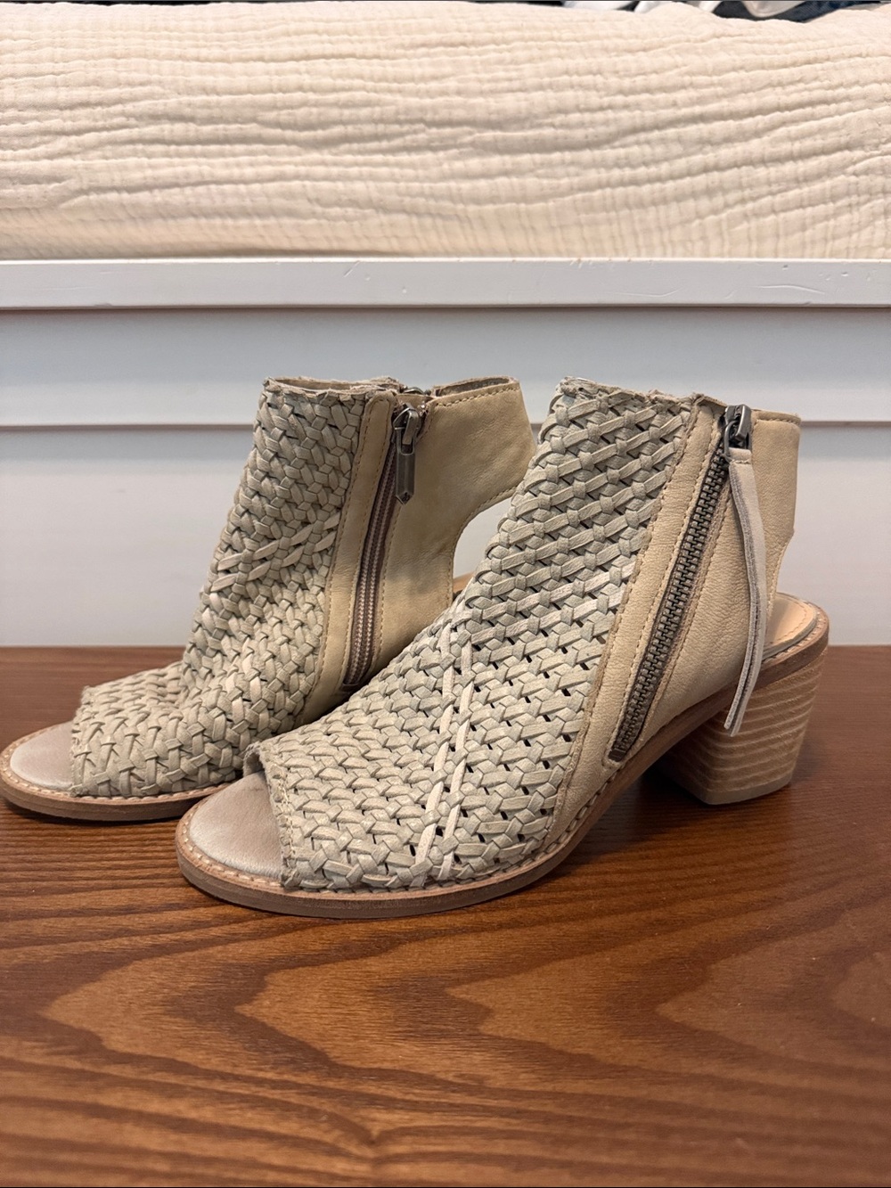 Woven Open-Toe Ankle Booties - Beige